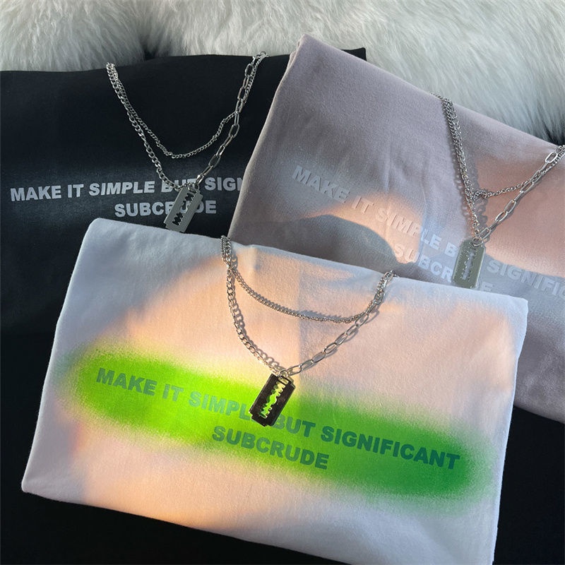 Áo Thun Cotton Ngắn Tay Dáng Rộng In Chữ Phối Dây Xích Kiểu Đường Phố Âu Mỹ Cá Tính Cho Nam Và Nữ