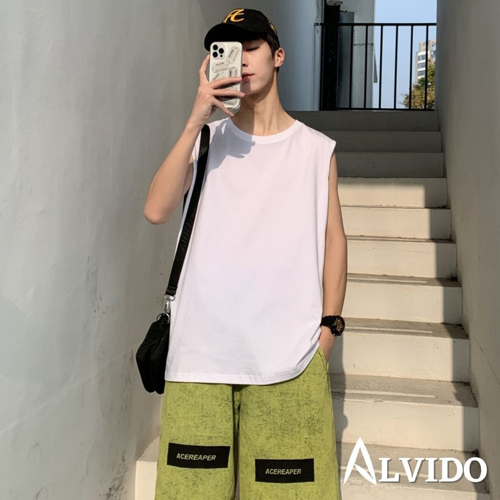 Áo thun TANKTOP basic Unisex ALVIDO - Basic Tee mùa hè phông trơn nam nữ Oversize form rộng đường phố Hàn Quốc