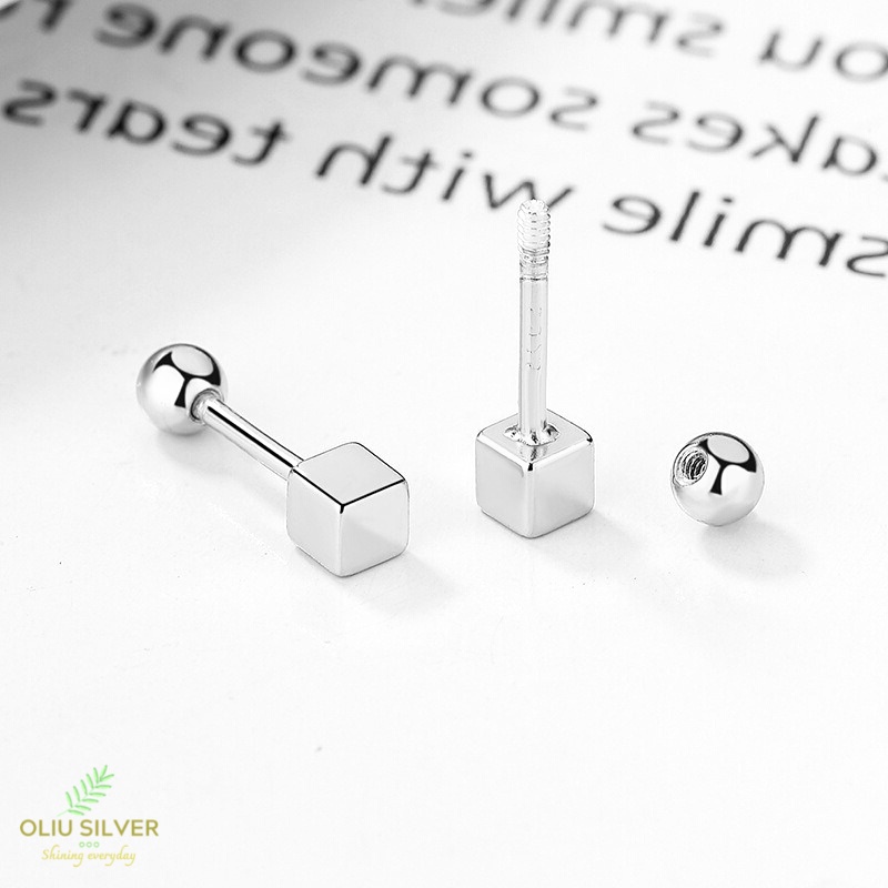 Bông Tai Bạc S925 Unisex Mini Cube &amp; Dot Khối Vuông Chốt Bi Vặn Trẻ Trung Cá Tính | Khuyên Tai Nữ Trang Sức Bạc