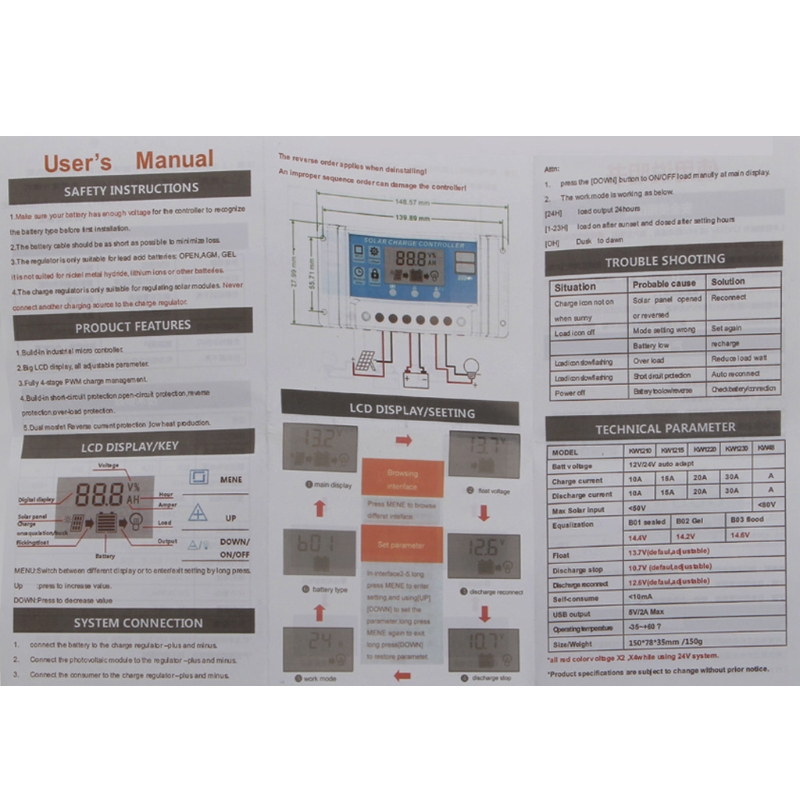 Thiết bị điều khiển sạc pin USB PWM 10/20/30A hoạt động bằng năng lượng mặt trời chuyên dụng cho 12/24V LCD