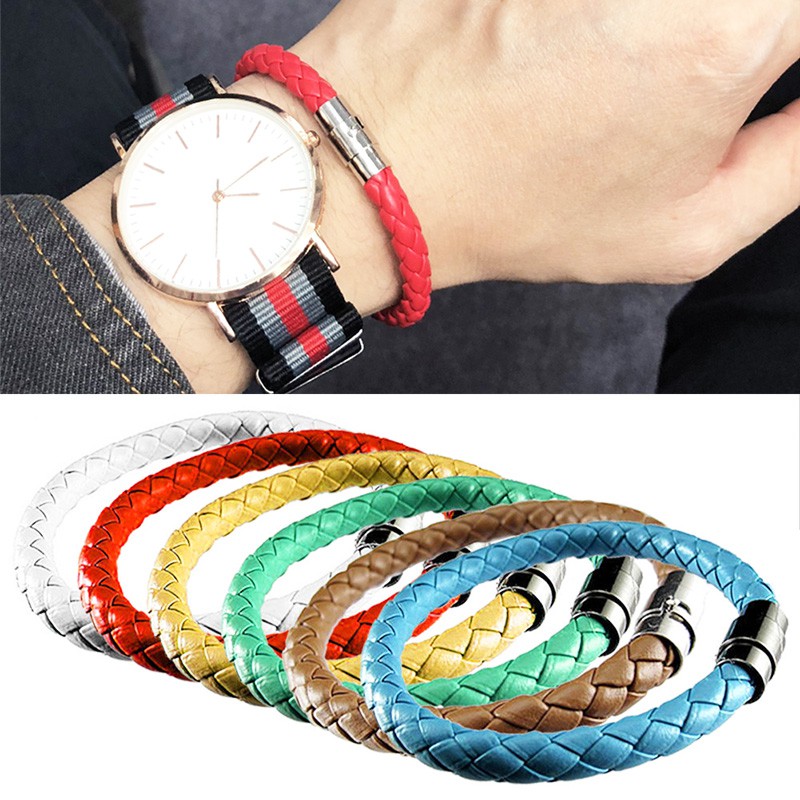 Vòng Tay Da Bện Khóa Nam Châm Bằng Thép Làm Thủ Công Unisex