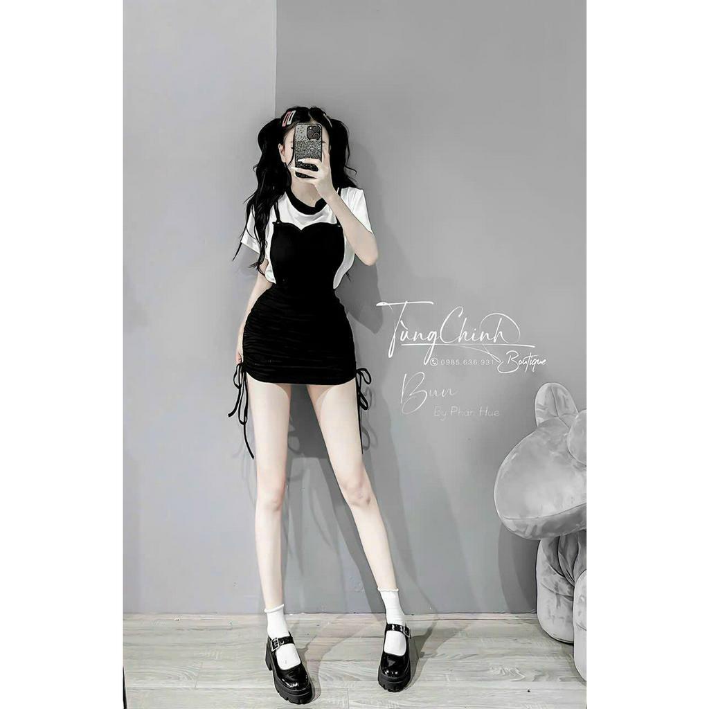 Sét bộ đồ nữ áo cộc tay trắng trẻ trung nhí nhảnh mix yếm ôm body tôn dáng cá tính đi chơi dự tiệc