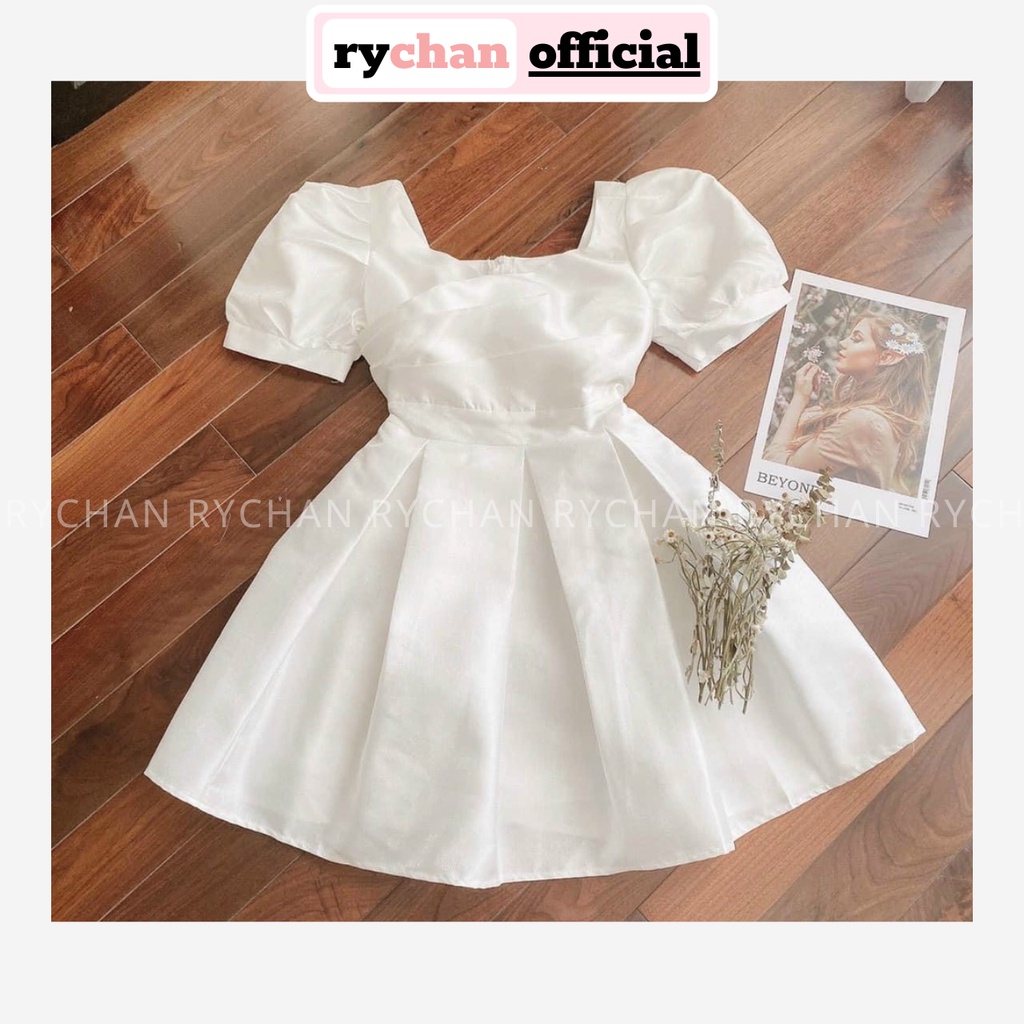 Đầm Xòe Trắng Tay Phồng Đắp Ngực Xếp Ly Lót Trong Dày Dặn [Ảnh Thật Cuối] - DX9695