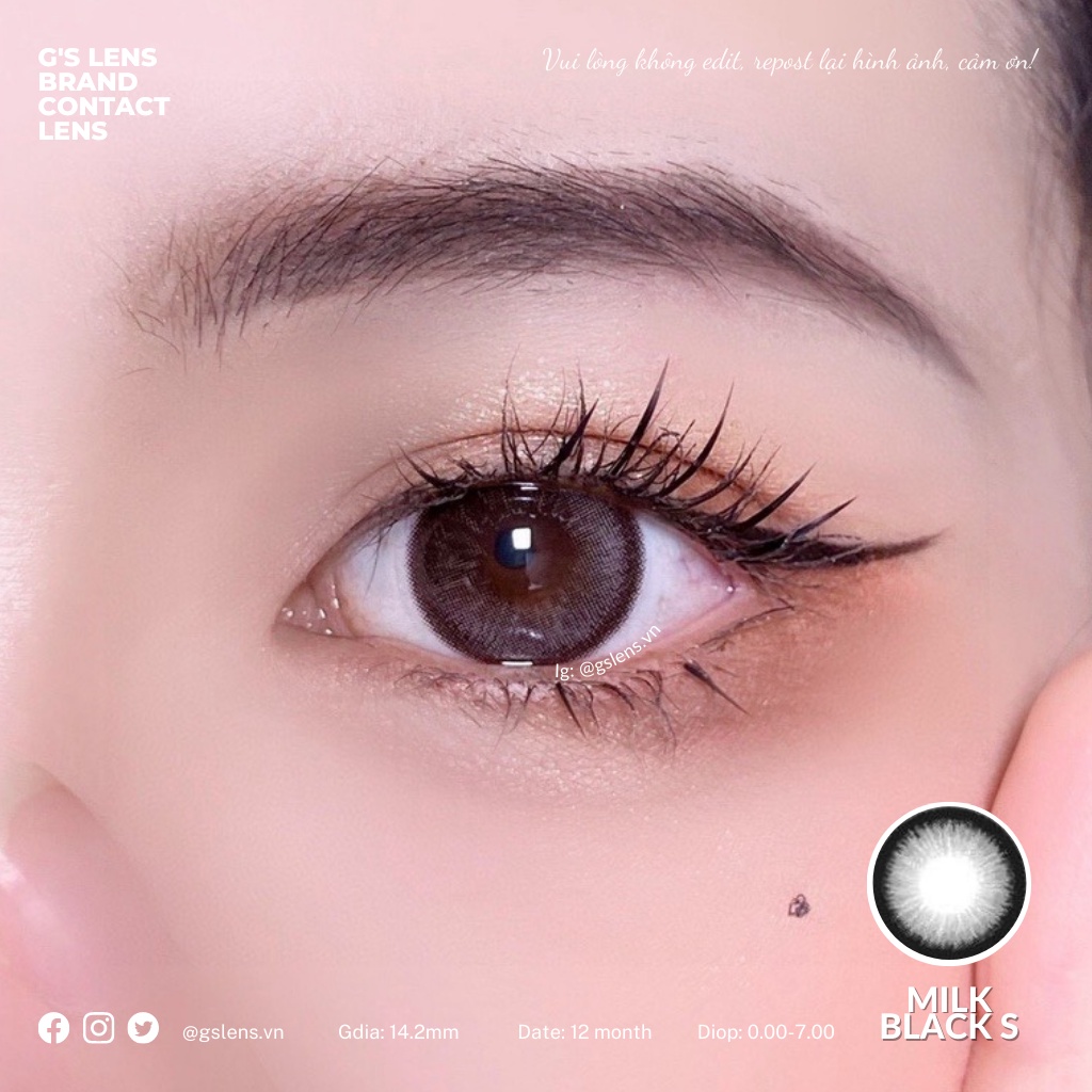Lens Mắt Kính Áp Tròng Đen Xám Hoa Văn MILK BLACK Giãn Ít Có Từ 0 Đến 7 Độ Lệch Độ Size S 14.2mm
