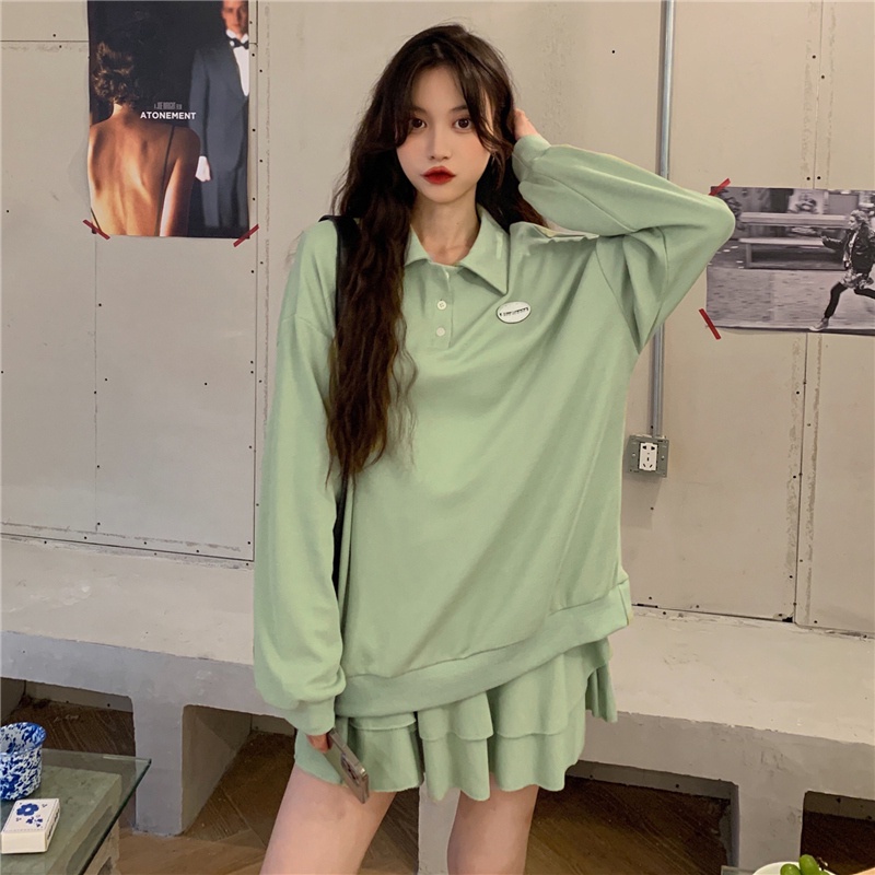 COZOK Set áo Sweater tay dài dáng rộng + chân váy lưng cao thời trang