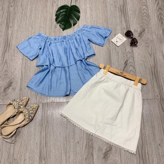 Set váy áo trễ vai xanh