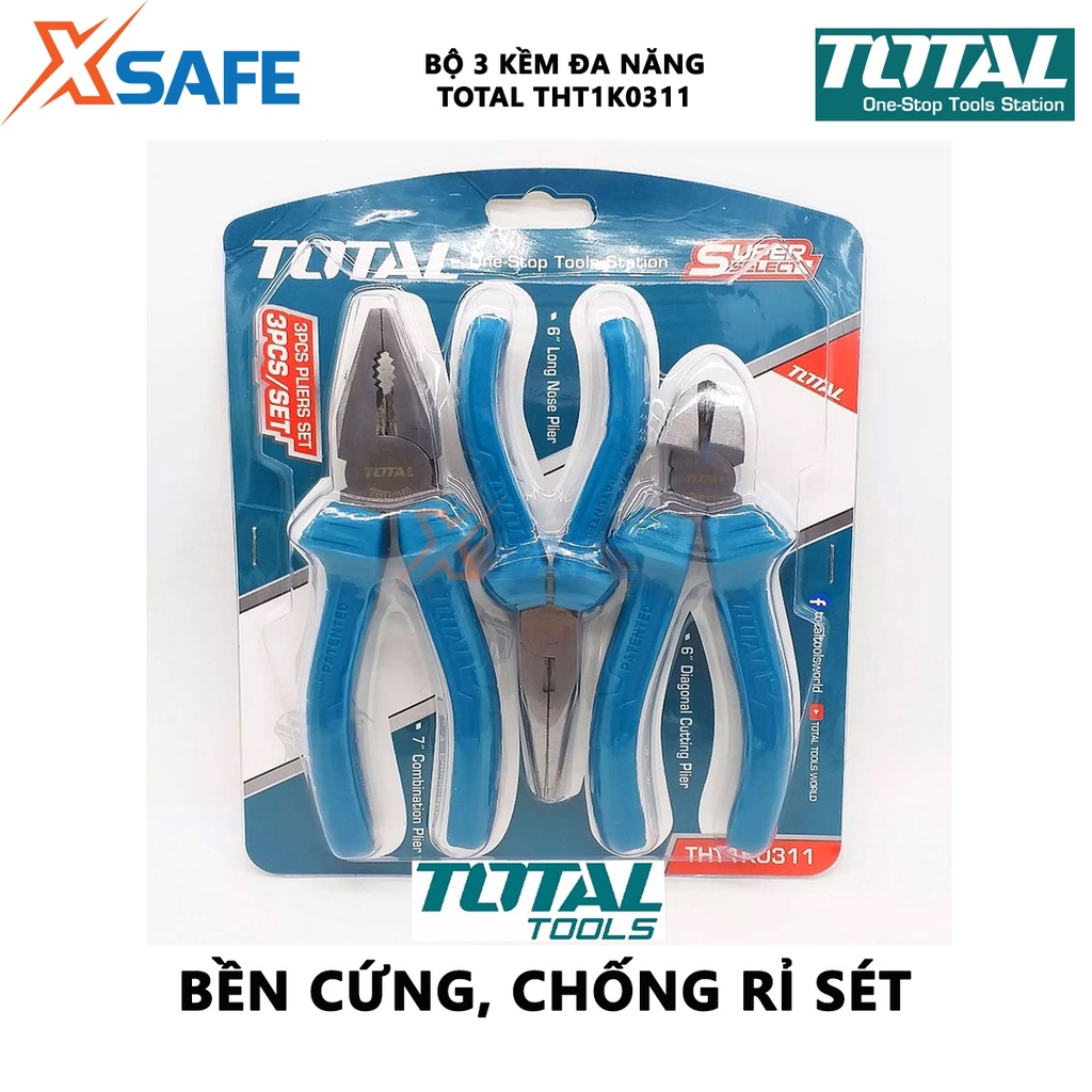 Bộ 3 kìm điện, kìm cắt, kìm mũi nhọn TOTAL THT1K0311 | bộ kềm đa năng gồm ba loại răng 7&quot;, mũi dài 6&quot;, cắt 6&quot;