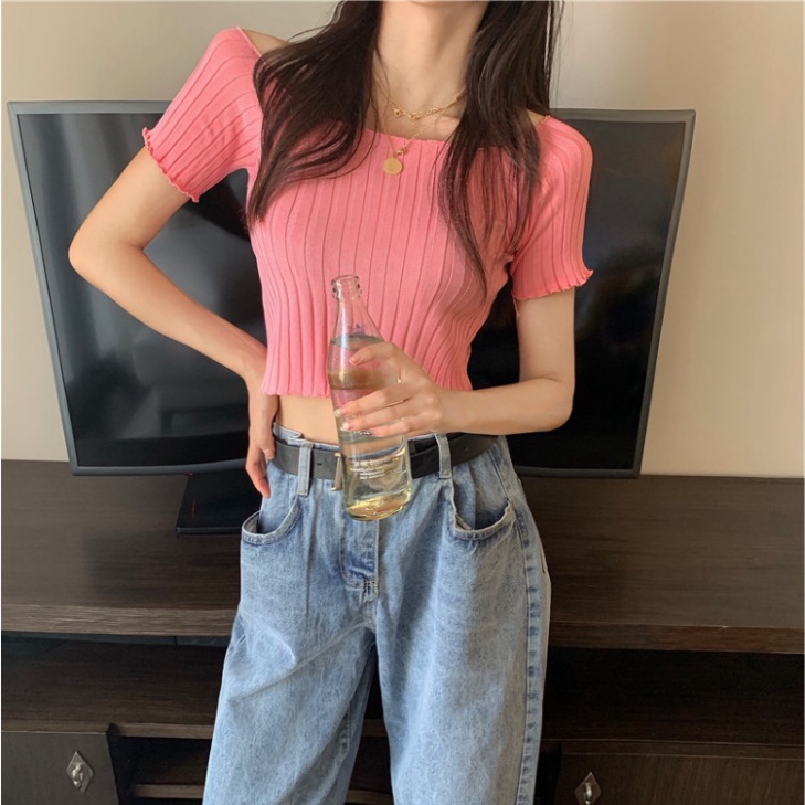 Áo dệt kim Croptop Kiểu Dệt Kim Ngắn Tay LUHAZO Ulzzang Sexy Phong Cách Hàn Quốc Xiaozhainv vn K4T3-1