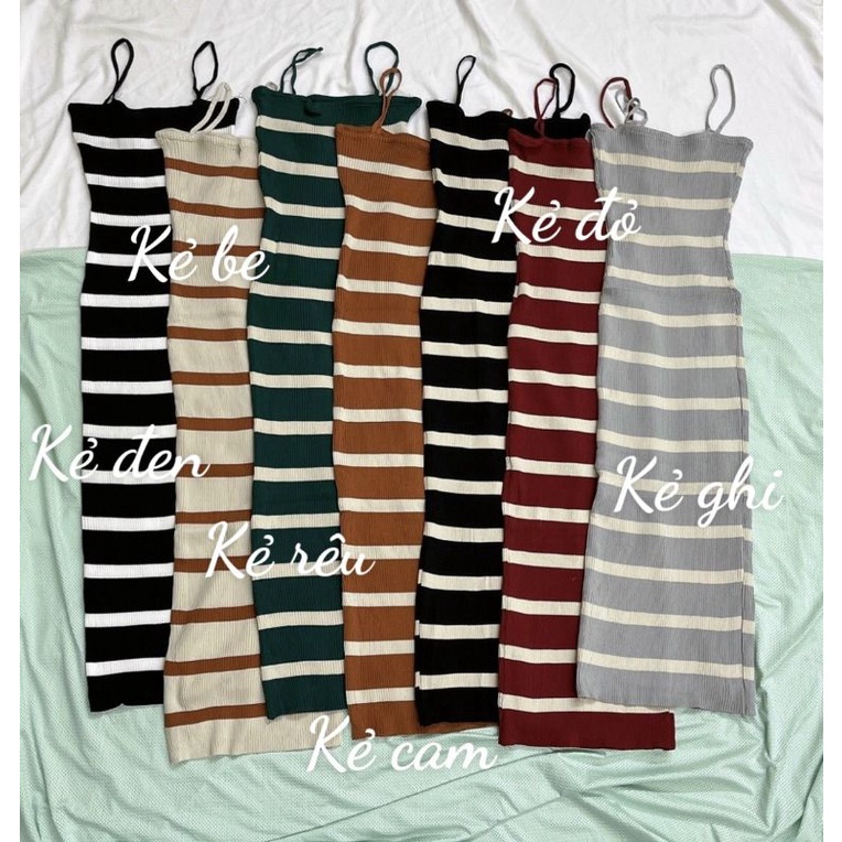 Váy đầm len body 2 dây kẻ ngang Len mongtoghi QC