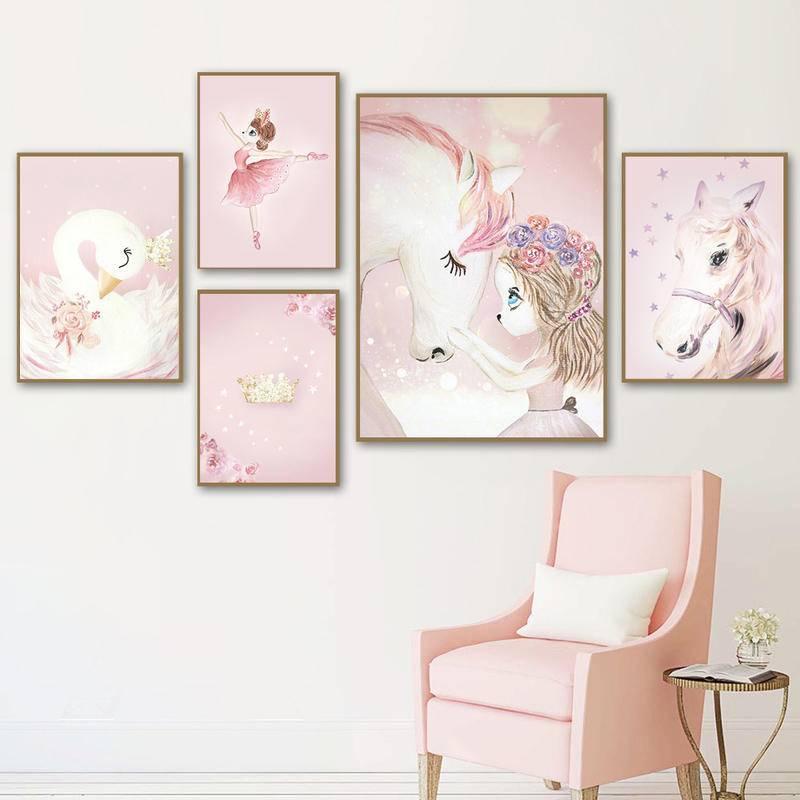 Tranh Canvas Treo Tường Họa Tiết Thiên Nga/Kỳ Lân/Hoa/Vương Miện Hoạt Hình Trang Trí Phòng Bé Gái