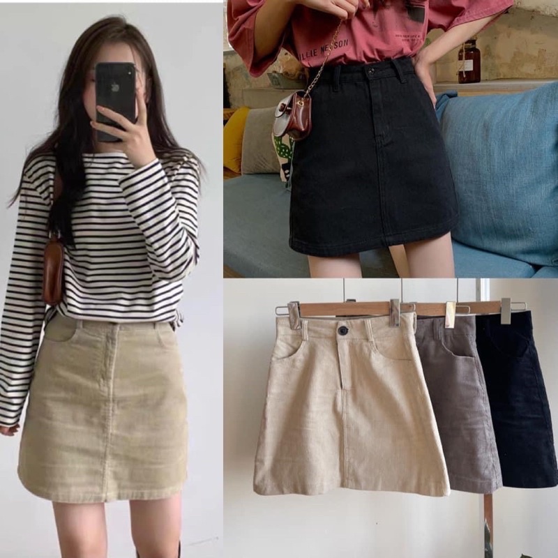 Chân váy chữ A nhung tăm co giãn cúc trước