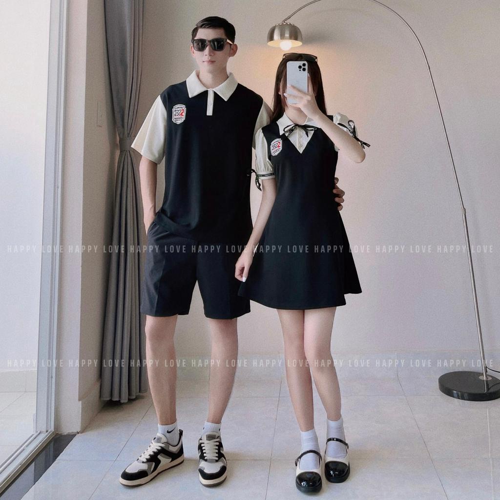 Đồ đôi nam nữ couple set áo váy polo màu đen logo thêu phong cách hàn quốc HAPPYLOVE H86