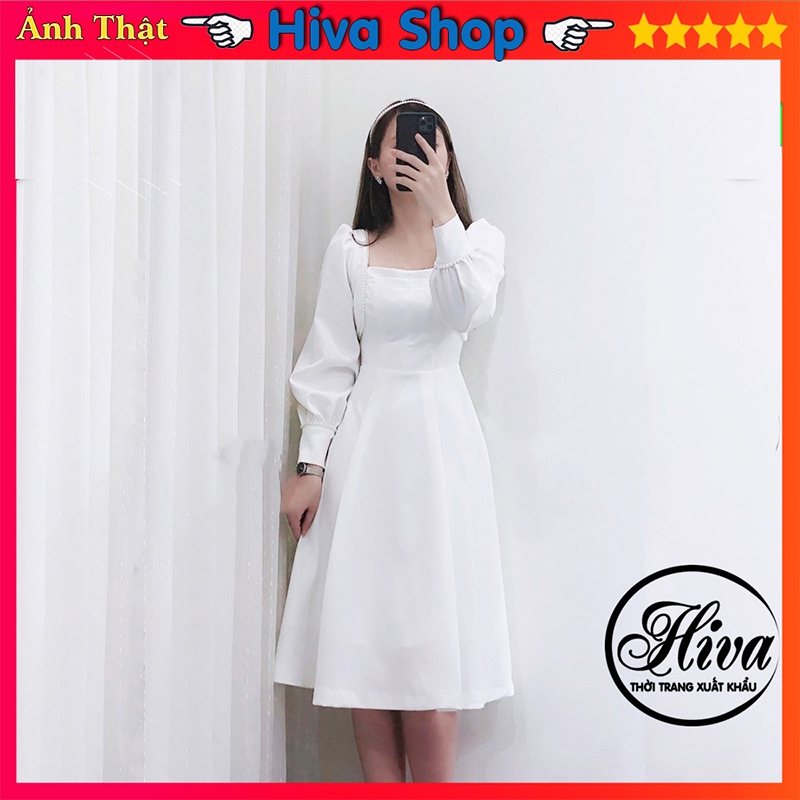 Váy trắng dự tiệc body cổ vuông tay dài phối ren hạt sống chất , Đầm dáng xòe ulzzang (hình thật/ sẵn) | BigBuy360 - bigbuy360.vn