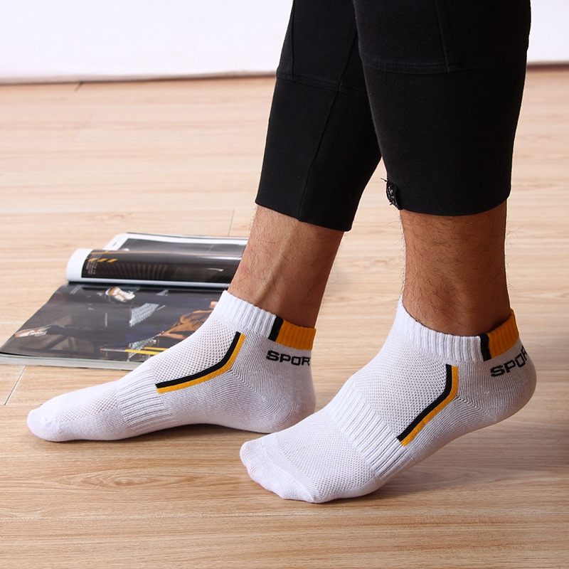 Tất thuyền cổ thấp ngang mắt cá 100 cotton phối lưới màu trơn chống trượt cho nam chơi bóng rổ/ thể thao