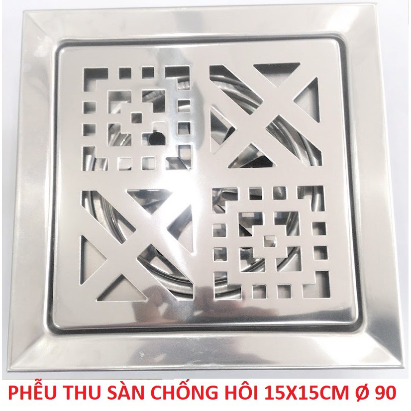 Phễu thu sàn mẫu vuông sang trọng, inox100%, chống hôi, chặn rác