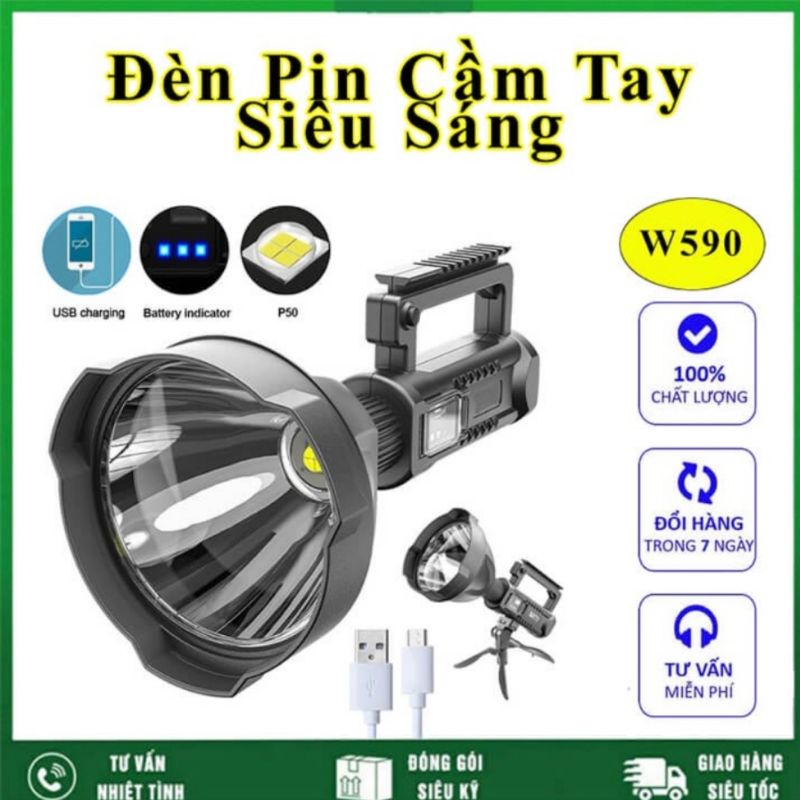 Đèn pin công trường, Đèn pin cầm tay W591 siêu sáng chiếu xa trên 500m, có chân đế chống nước
