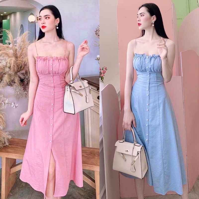 Đầm maxi 2 dây đính chuổi 2 màu