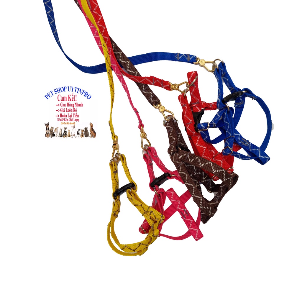 Dây dắt kèm yếm cho Chó Mèo từ 5kg đến 10kg Bản rộng 1.5cm Dài 120cm Thêu zigzag Chất liệu dù chắc chắn, An toàn