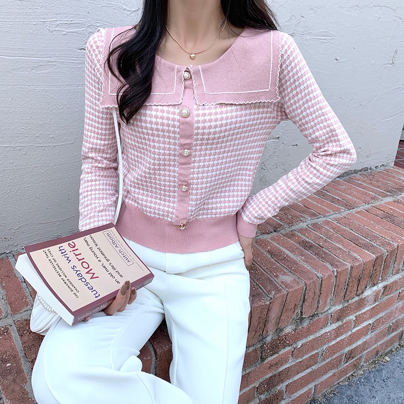 Áo dệt kim tay dài dáng rộng kẻ sọc caro hàng nút mới cho nữ