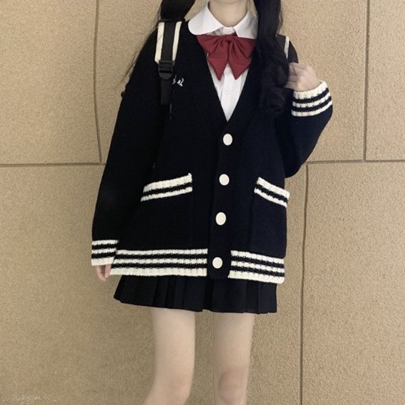 Áo Khoác Dệt Kim Tay Dài Màu Sắc Tương Phản Phong Cách Hàn Quốc Cho Nữ