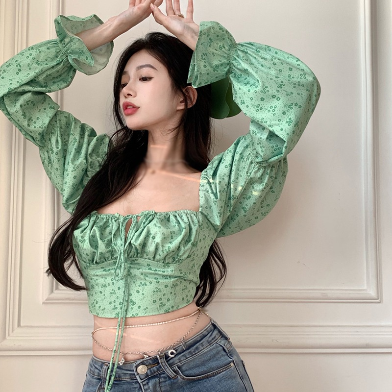 Áo Croptop Tay Dài Cổ Vuông Phối Bèo Họa Tiết Hoa Thời Trang Mùa Thu Cho Nữ