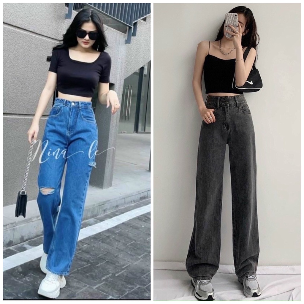 Quần Jeans Ống Suông Rộng Nữ cạp cao siêu tôn dáng Kanimi - QJ03
