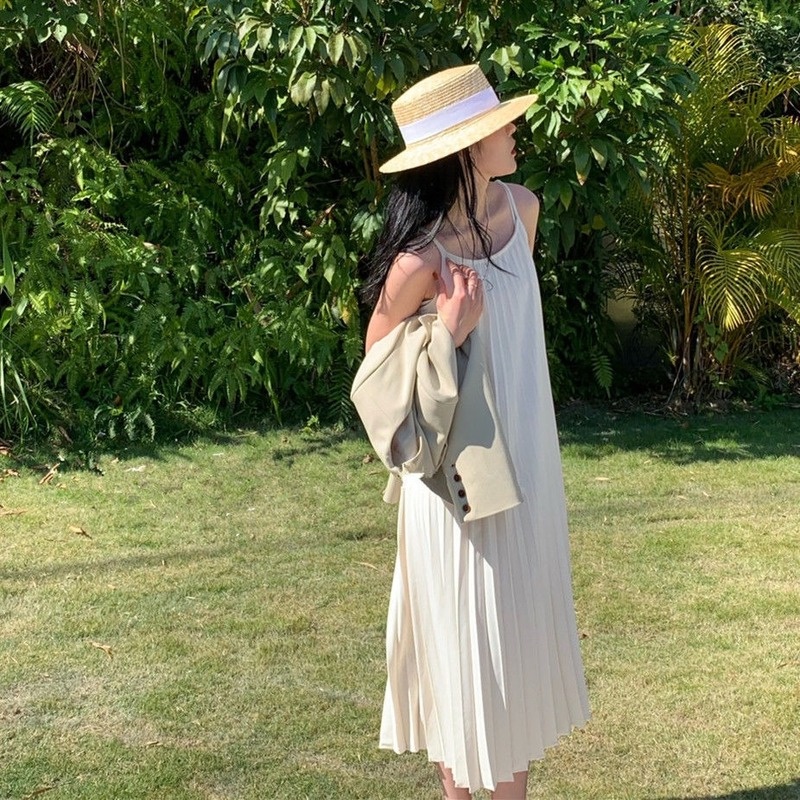 Đầm Hai Dây Xếp Ly Màu Trơn Dáng Rộng Phong Cách Hàn Quốc Hàng Mới Dành Cho Bạn Nữ