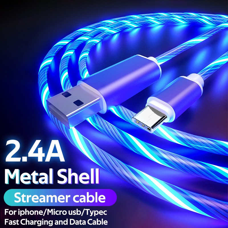 1M/2M Charging Mobile Phone Cable USB Type C Flow Lighting Data Wire For Samsung Huawei Xiaomi LED Micro Cable