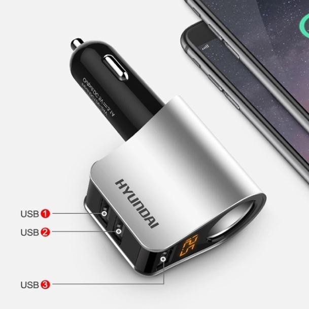Tẩu sạc xe ô tô hyundai HY10 2 cổng USB - 1 cổng tẩu cắm được nguồn camera. Sạc oto đa tính năng