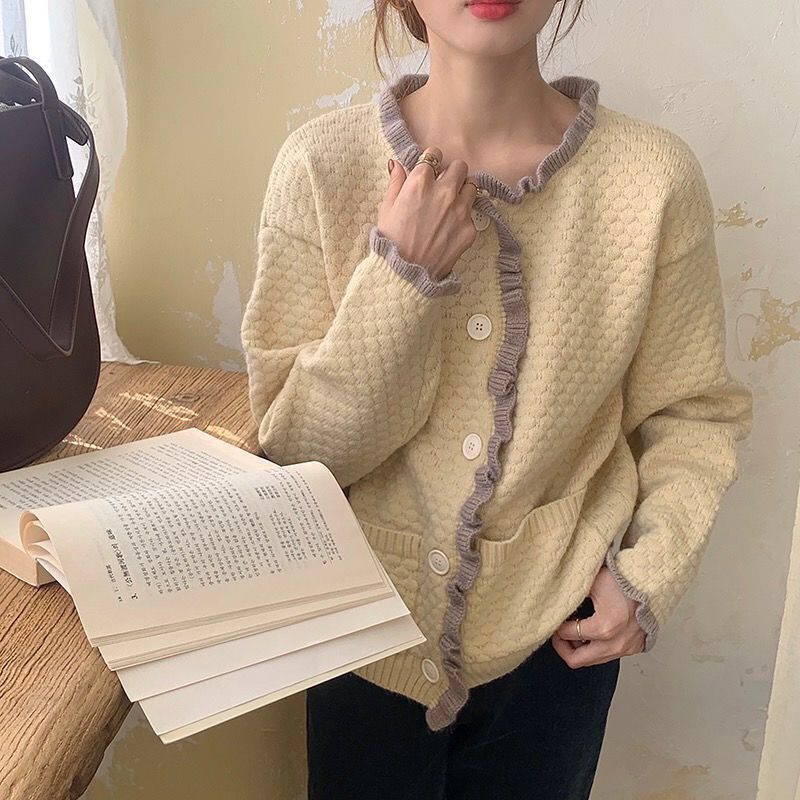 Áo khoác Cardigan dệt kim cổ tròn tay dài dáng rộng phong cách Hàn Quốc mới