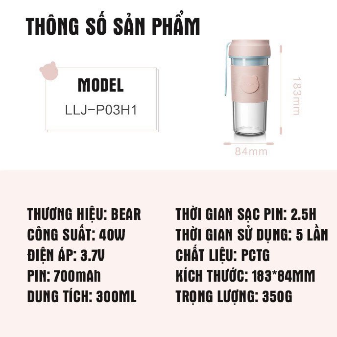 Máy xay sinh tố mini cầm tay BEAR- Dung tích 400ML, 4 lưỡi xay Inox- Nhỏ gọn, tiện lợi, Bảo hành CHÍNH HÃNG!