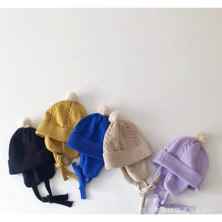Mũ len lót cotton chóp cục bông - che tai dây buộc