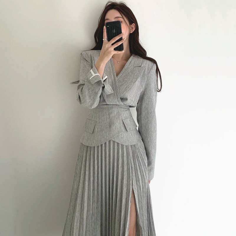 Set áo Blazer tay dài + chân váy lưng cao thiết kế xẻ tà phong cách thanh lịch dành cho nữ