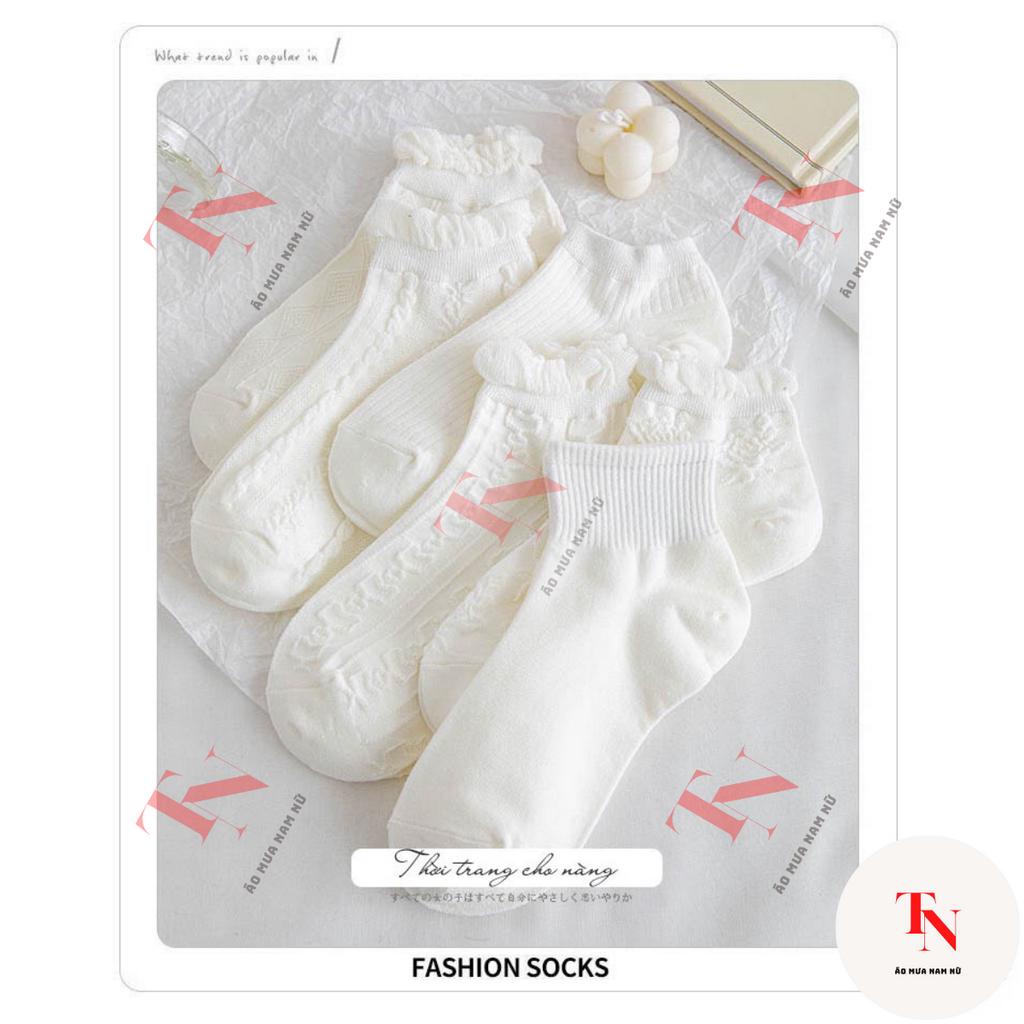 Tất nữ cổ ngắn chất liệu vải cotton, set 5 đôi tất vớ trắng phong cách Hàn Quốc dễ thương M26C3 - Tình Ngọc Store