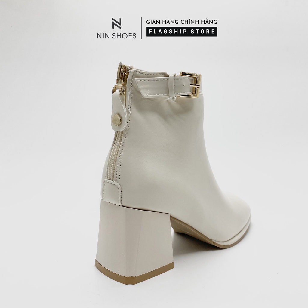 Giày Boot nữ 5p gót vuông khóa giả kéo khóa hông da si cổ thấp Ninshoes | BigBuy360 - bigbuy360.vn