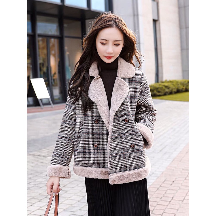 Áo Khoác Da Lộn Kẻ Lót Lông Freesize Siêu Dày Chamia