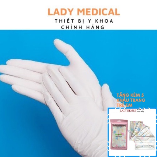 Găng tay y tế Nitrile không bột hộp 50 cái màu Trắng - tặng khẩu trang trẻ em - LadyMedical