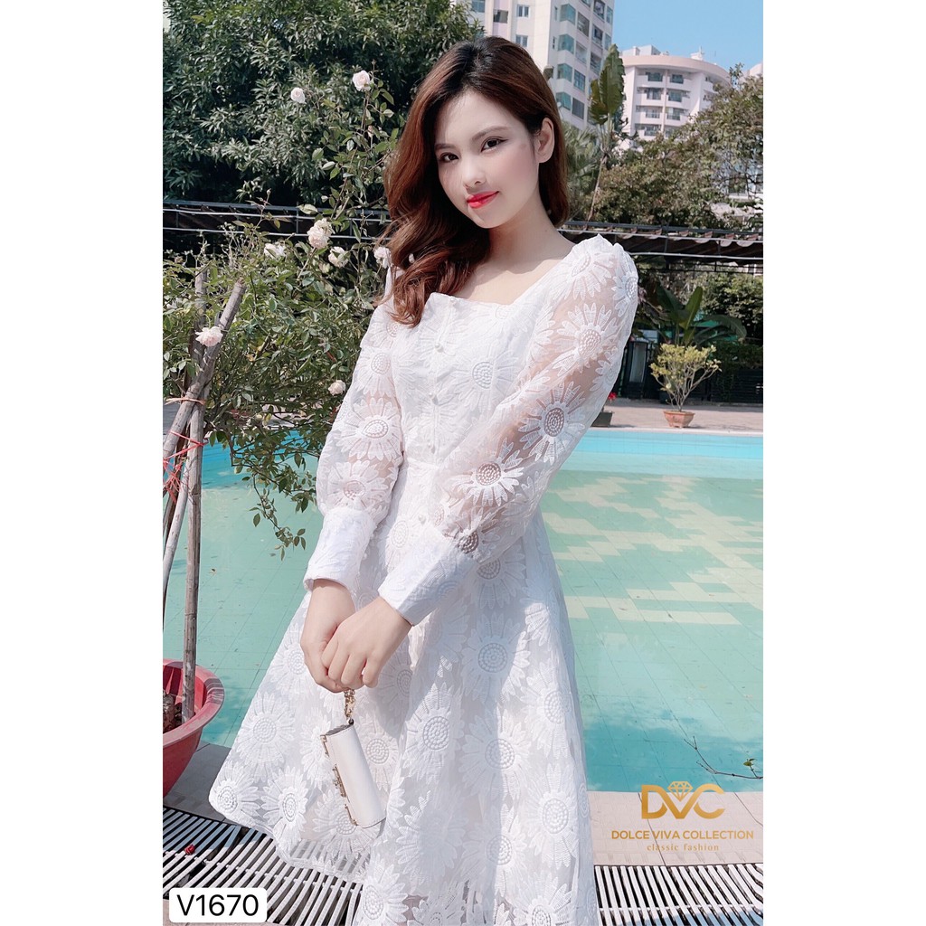 Váy xòe ren trắng cổ vuông V1670 - QUEEN SHOP DOLCE VIVA COLLECTION(ảnh người mẫu+ảnh trải sàn do shop tự chụp)