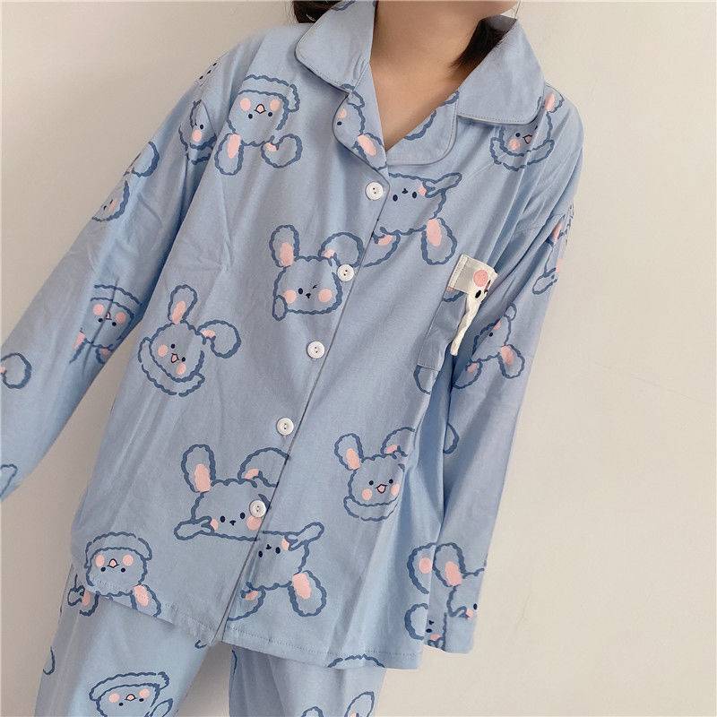 Bộ đồ ngủ tay dài và rộng in hình thỏ đáng yêu kiểu Hàn thời trang xuân thu thoải mái dành cho nữ