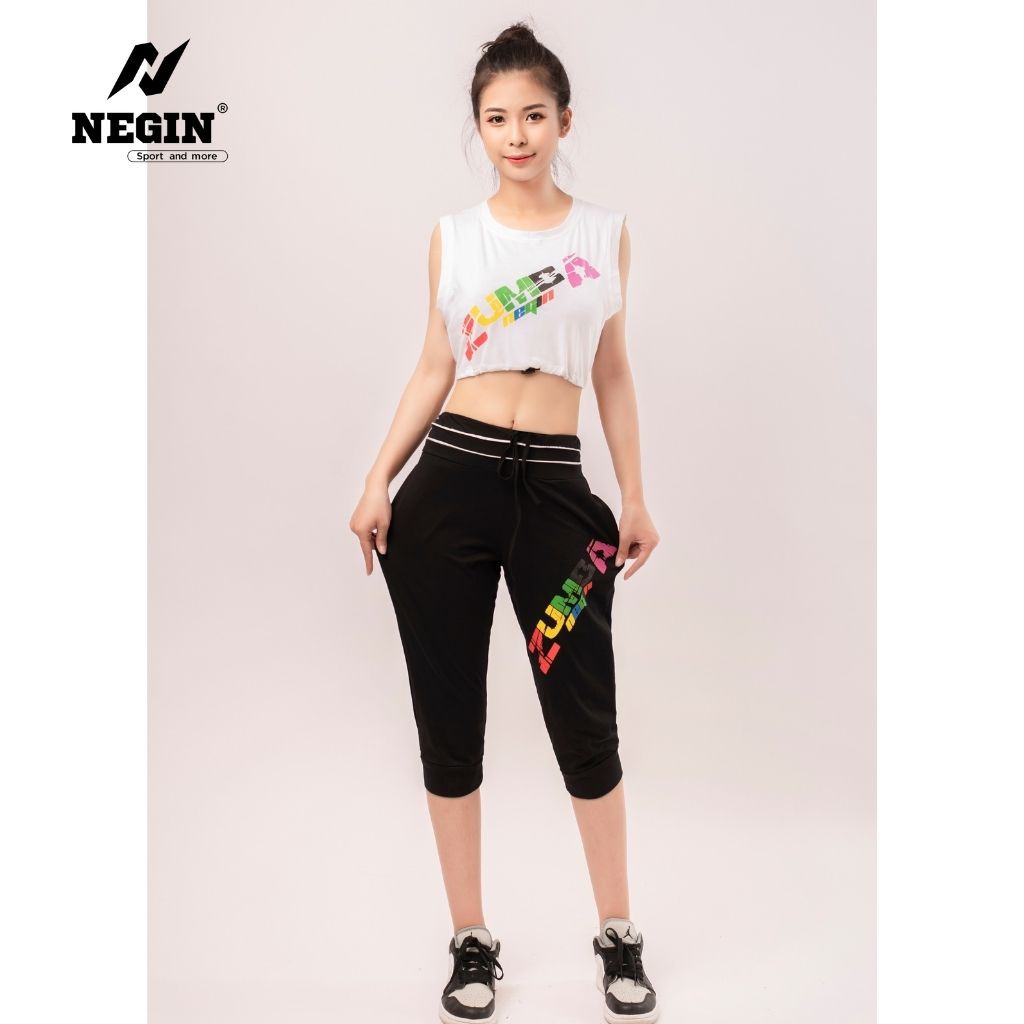 Bộ Đồ Tập Zumba NEGIN Dáng Lỡ Áo Croptop Ba Lỗ Và Quần Ngố Bo Gấu, Chất Liệu 100% Cotton Cao Cấp Thấm Hút Mồ Hôi