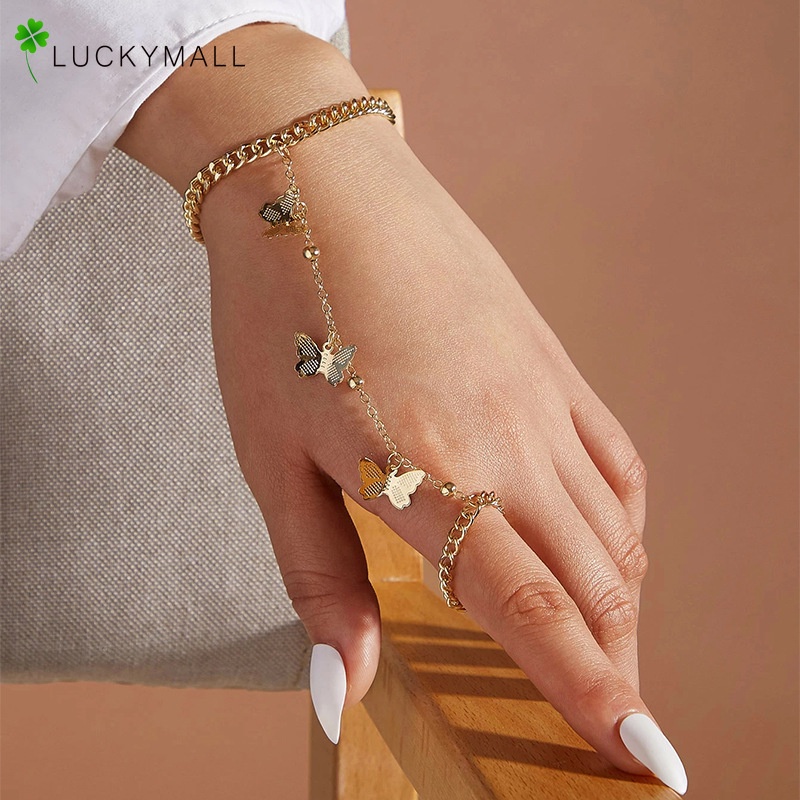 Vòng đeo tay có chuỗi dây đeo ngón tay kim loại mặt bươm bướm điều chỉnh được thời trang đơn giản dành cho nữ