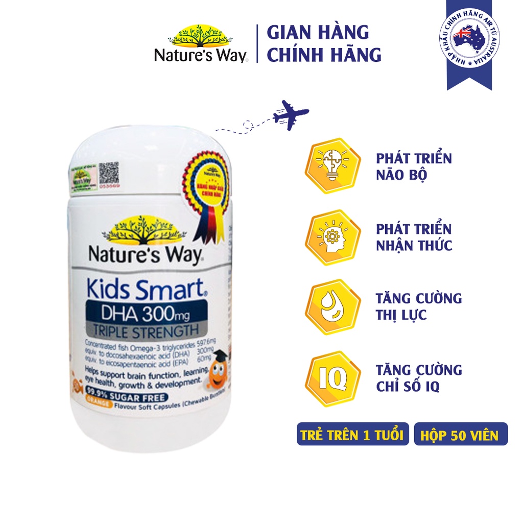 Viên Nhai Nature's Way Kids Smart DHA 300mg Triple Strength Tăng Cường Sự Phát Triển Của Trẻ 50 Viên