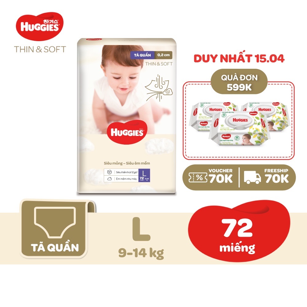 Tã quần Hàn Quốc Huggies Thin & Soft Super Jumbo mỏng tàng hình size L72/XL62/XXL46