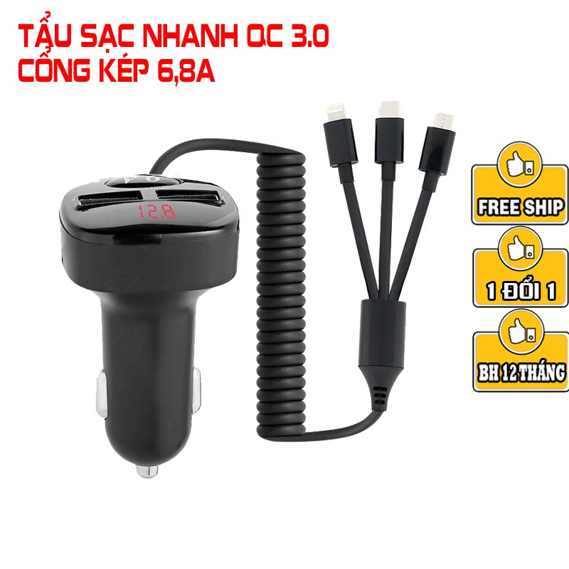 Tẩu sạc nhanh ô tô, cốc sạc 35W Qualcomm 3.0 V6 2 cổng USB 6,8A hỗ trợ dây sạc nhanh