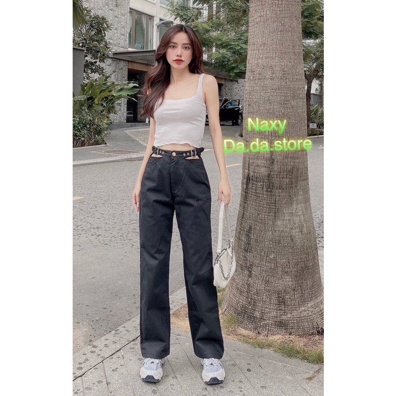 quần baggy xuông dài ống rộng nữ đen trắng khoen eo 3256