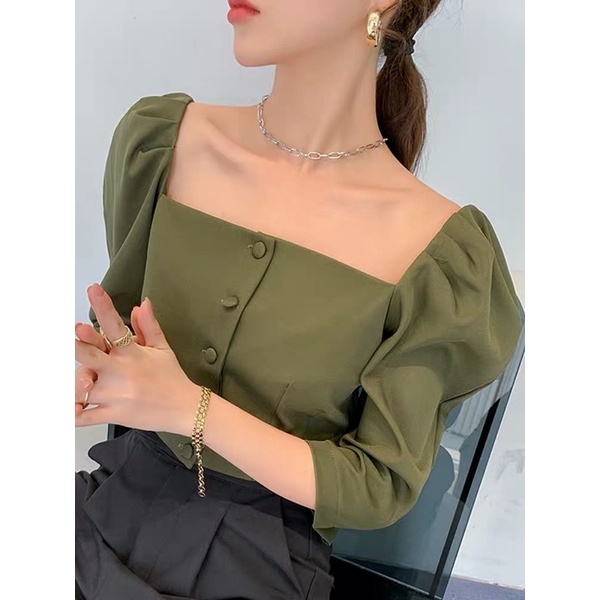 Áo Sơ Mi Croptop Cổ Vuông Thời Trang Công Sở Tay Phồng (order) AS001