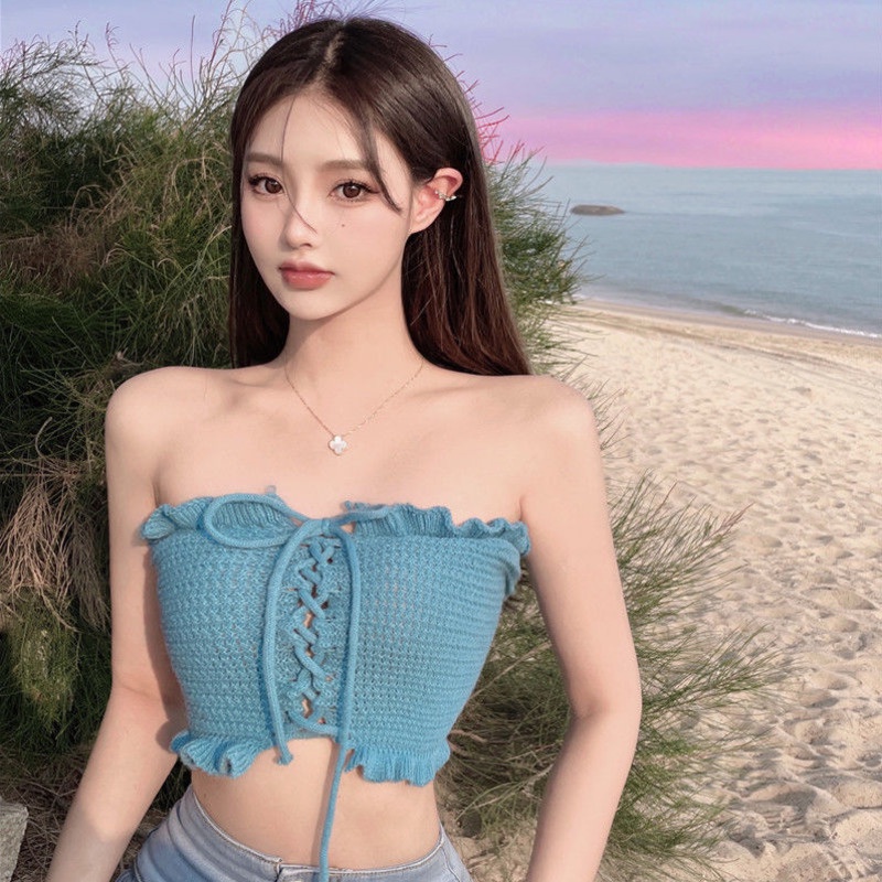 Áo Hai Dây Dệt Kim Màu Đơn Sắc Thời Trang Mùa Hè Hàn Quốc Quyến Rũ Cho Nữ
