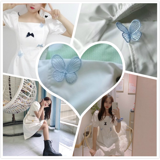 Đầm mùa hè tay phồng màu trắng dáng chữ A họa tiết bướm cho nữ | BigBuy360 - bigbuy360.vn