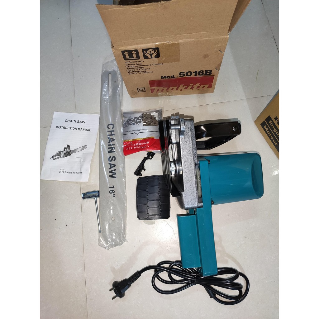 Máy cưa xích điện Makita 5016B, Made in Thailand, công suất 3800W, lam 16inch, xích 29 mắt cắt gỗ, bước 3/8inch, chân xí