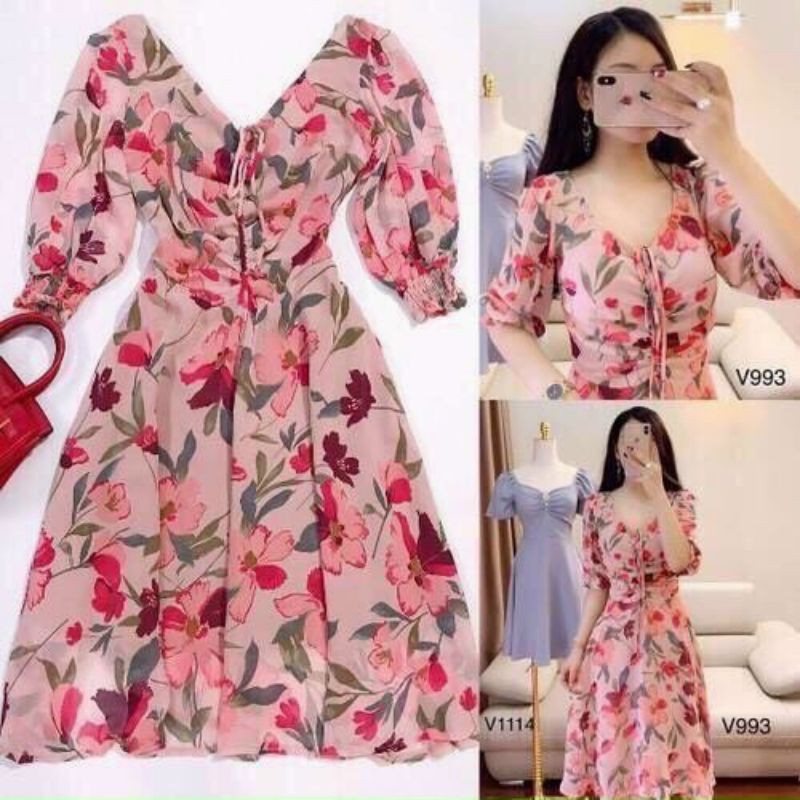 Đầm xòe tay lỡ rút dây họa tiết hoa lá xinh xắn